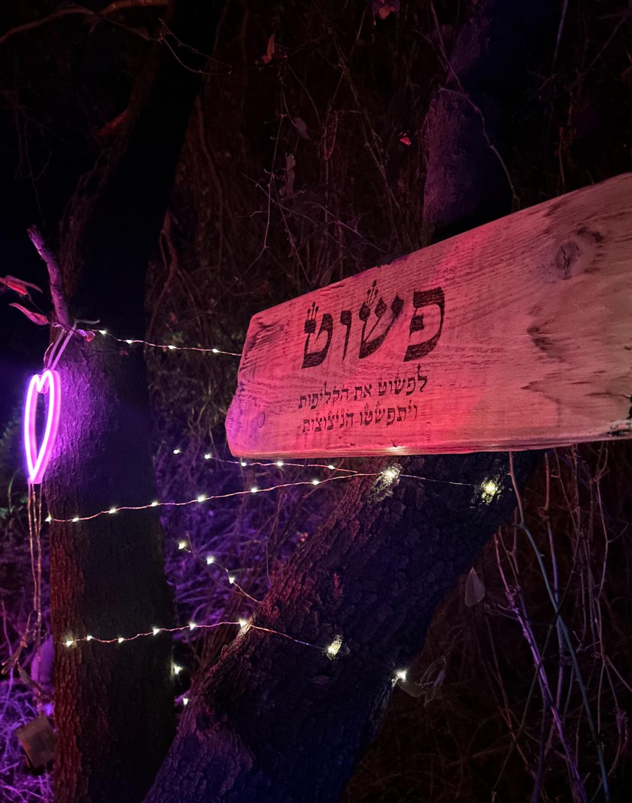 שלט עץ ועליו הכיתוב פשוט, לצד לב ניאון ואורות פיות